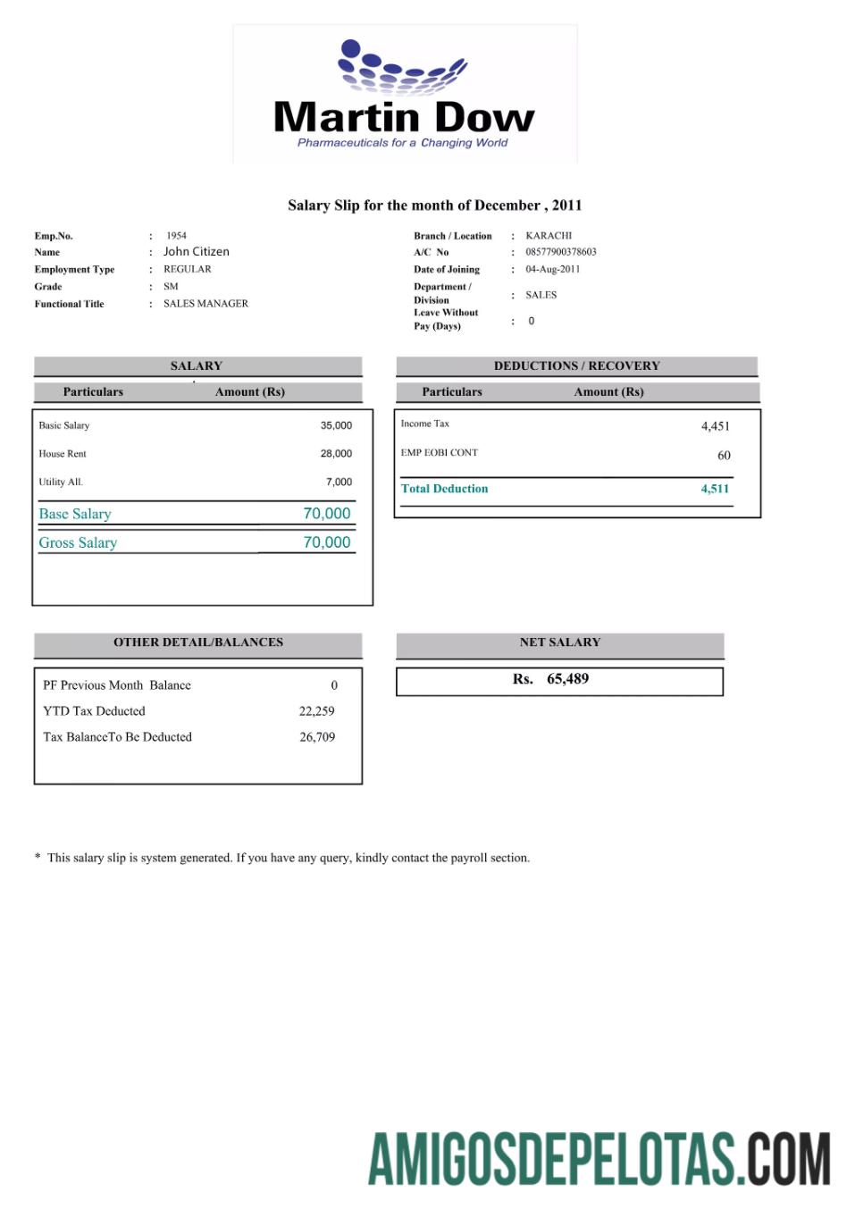 Imprimível PAQUISTÃO MARTIN Modelo Dow Paystlip em formatos Word e PDF